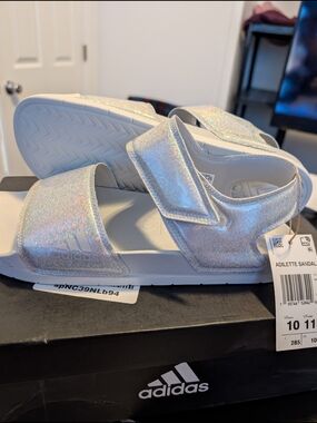Adidas Women's Silver Adilette Sandal - Sparkle Adjustable Strap